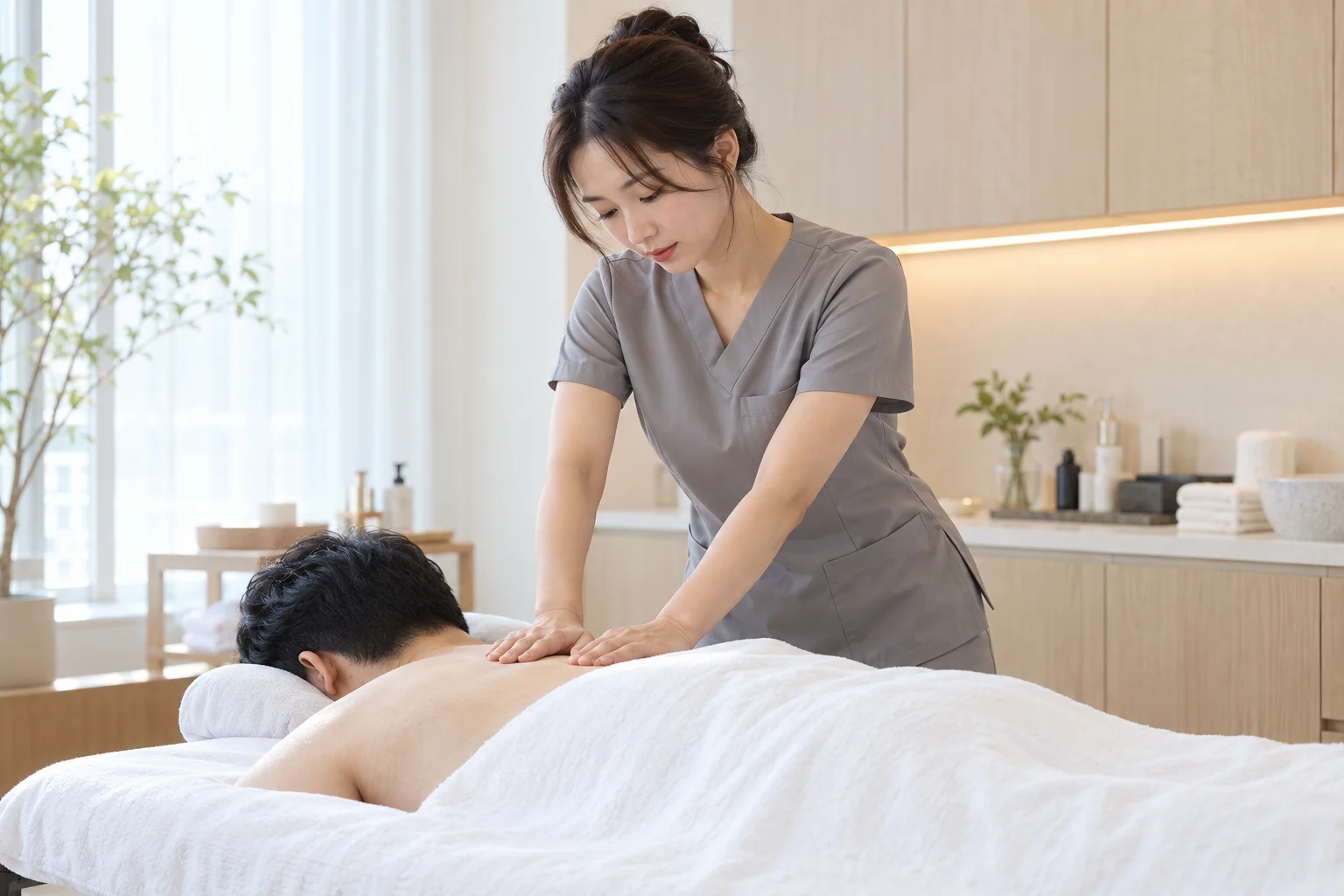 관리사가 엎드린 고객의 등과 어깨를 관리하는 장면