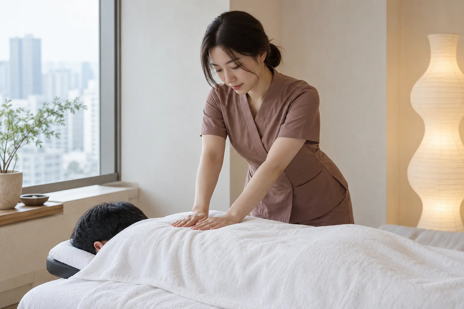 관리사가 엎드린 고객의 등과 어깨를 관리하는 장면