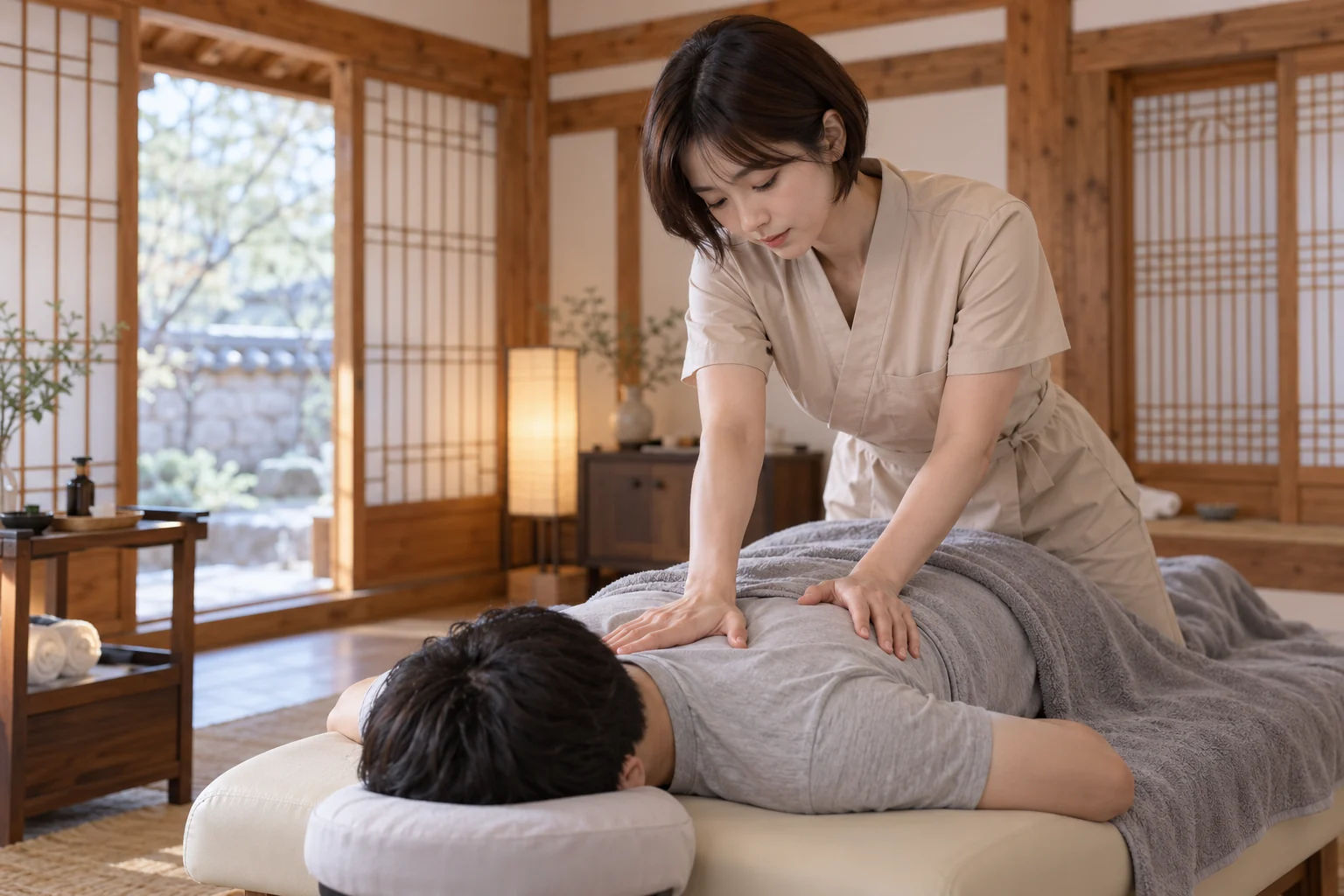 관리사가 엎드린 고객의 등과 어깨를 관리하는 장면