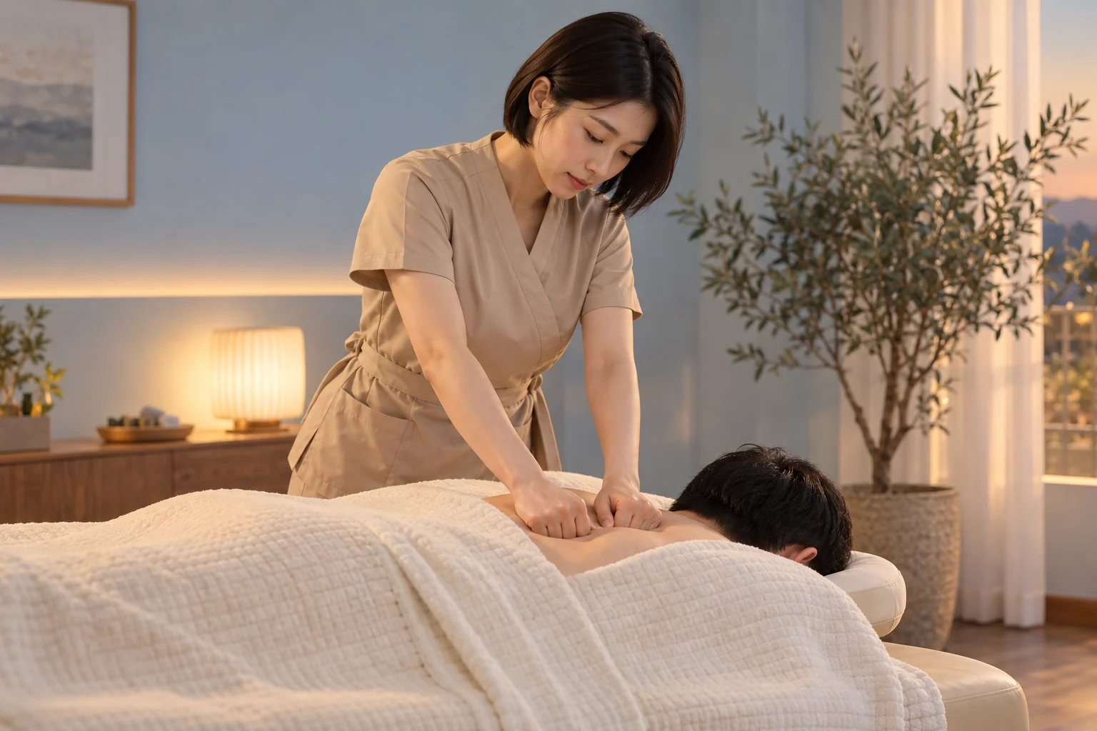 관리사가 엎드린 고객의 등과 어깨를 관리하는 장면