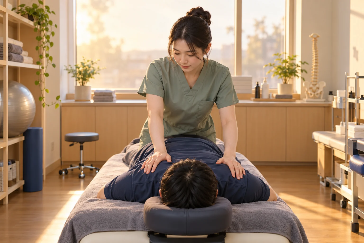 관리사가 엎드린 고객의 등과 어깨를 관리하는 장면