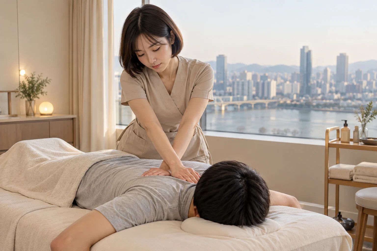 관리사가 엎드린 고객의 등과 어깨를 관리하는 장면